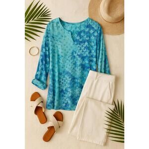 Blue Patterned Long Sleeve Women's Top